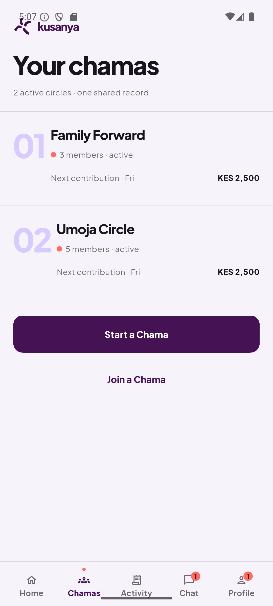 Kusanya chama list showing Family Forward and Umoja Circle with member counts and next contributions