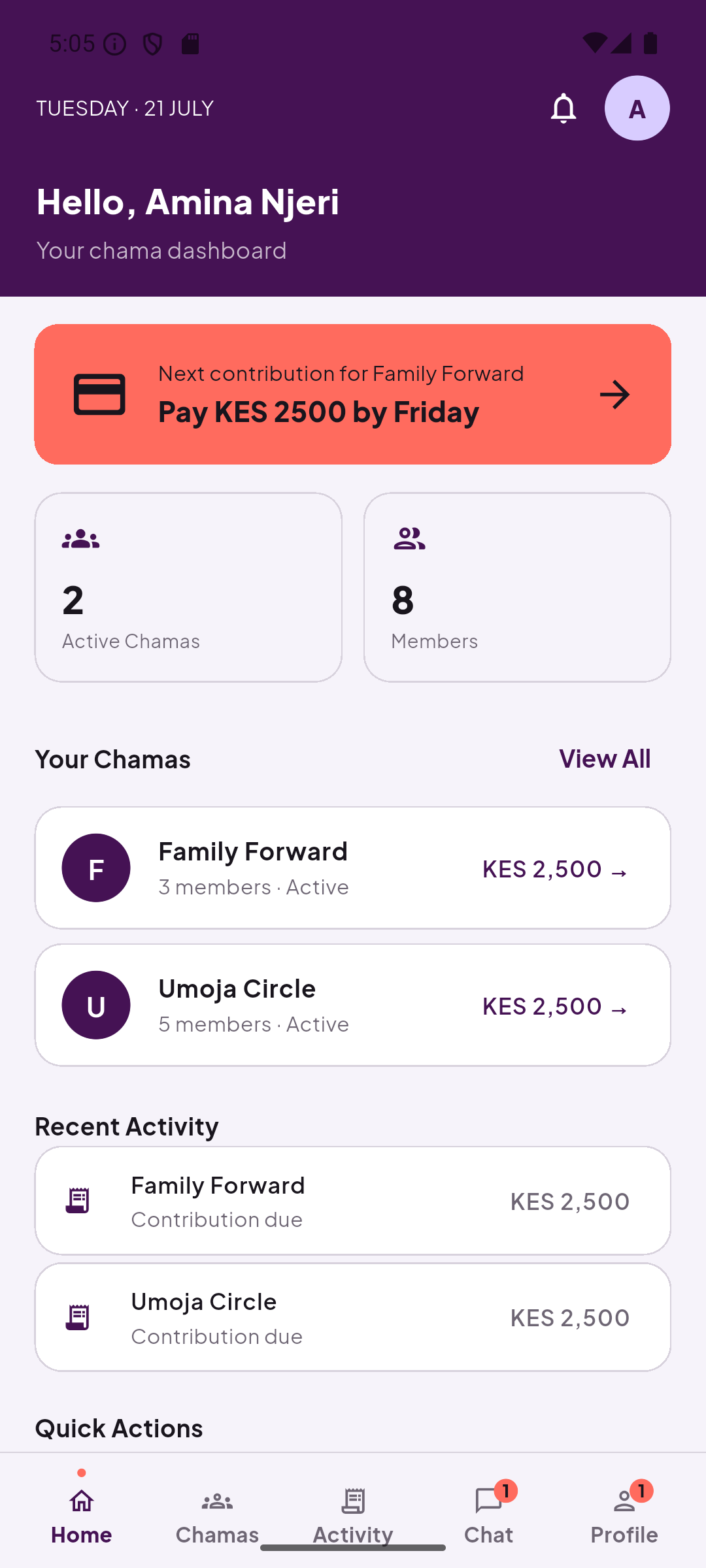 Kusanya home screen showing a chama dashboard with the next contribution, active chamas, and recent activity